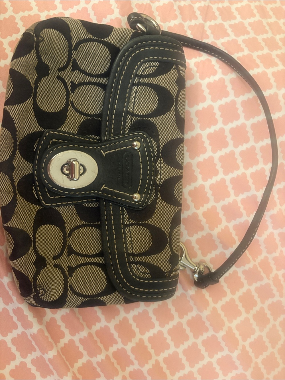 Coach Khaki and Black Signature Canvas Wristlet